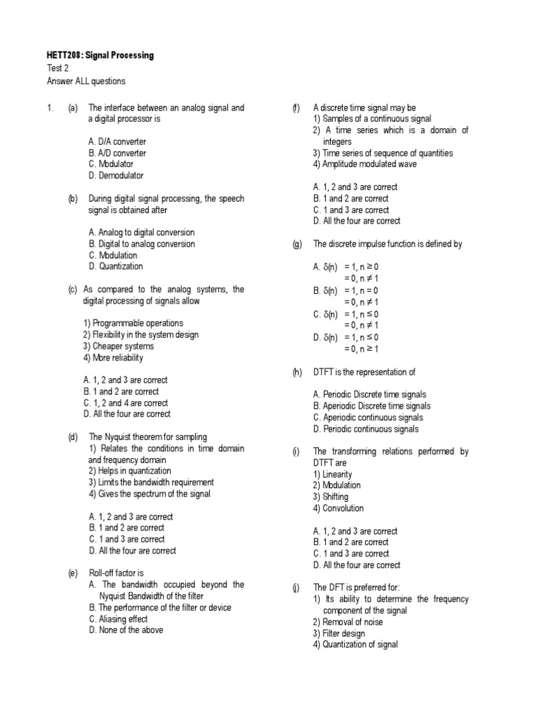 HETT208 Signal Processing Test 2 PDF Discrete Fourier Transform