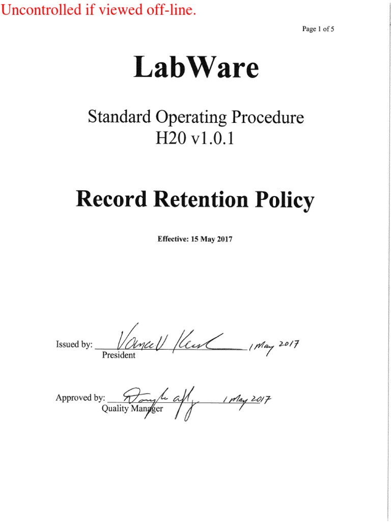 SOP H20 Record Retention Policy v1.0 PDF Health Insurance