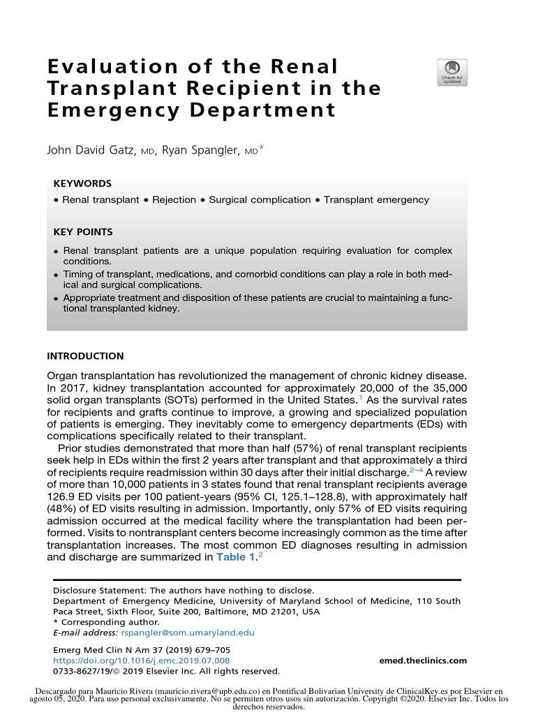 Evaluation of The Renal Transplant Recipient in The Emergency ...