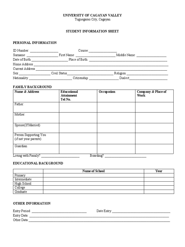 Cagayan Valley Student Info Sheet | PDF | Career & Growth