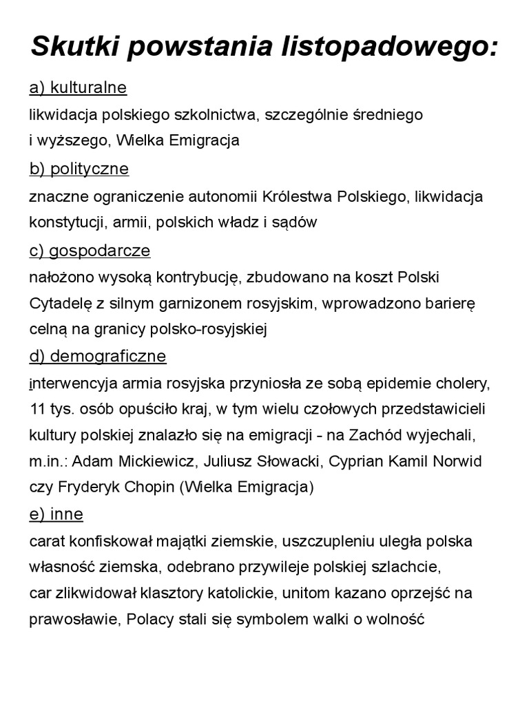 Przyczyny Przebieg I Skutki Powstania Listopadowego