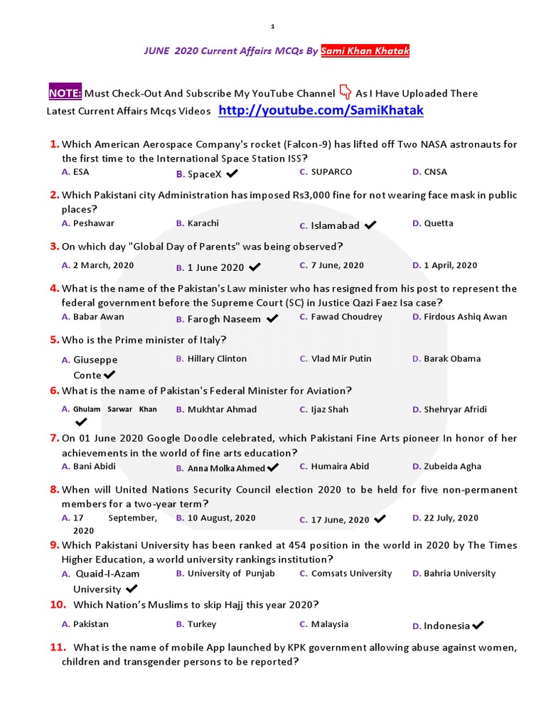 June 2020 Current Affairs MCQs | PDF | Pakistan