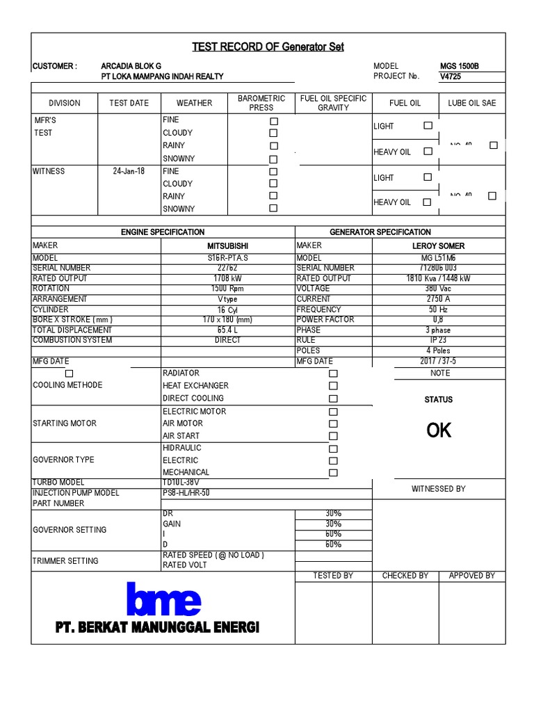 Generator Set Test Record Summary | PDF | Horsepower | Engines