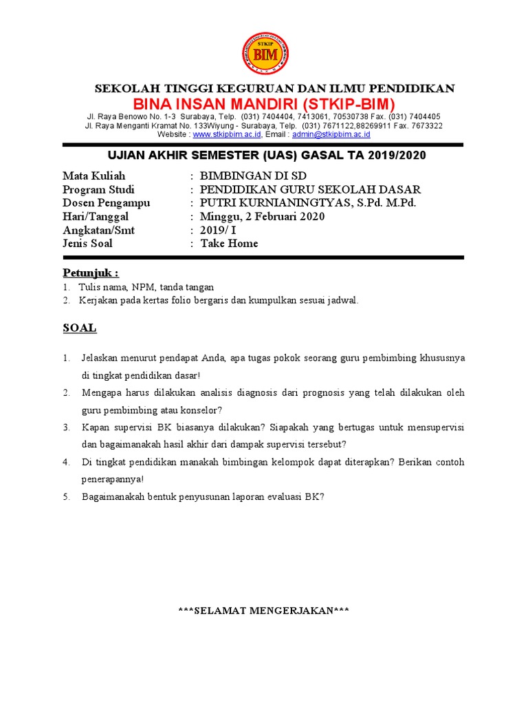 Soal Uas Bimbingan Di Sd