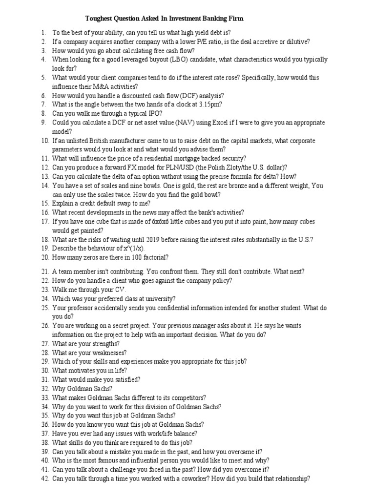 Key Investment Banking Interview Questions | PDF | Discounted Cash Flow ...