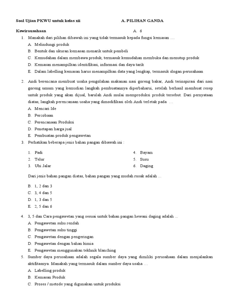Latihan Soal Soal Pkwu Docx