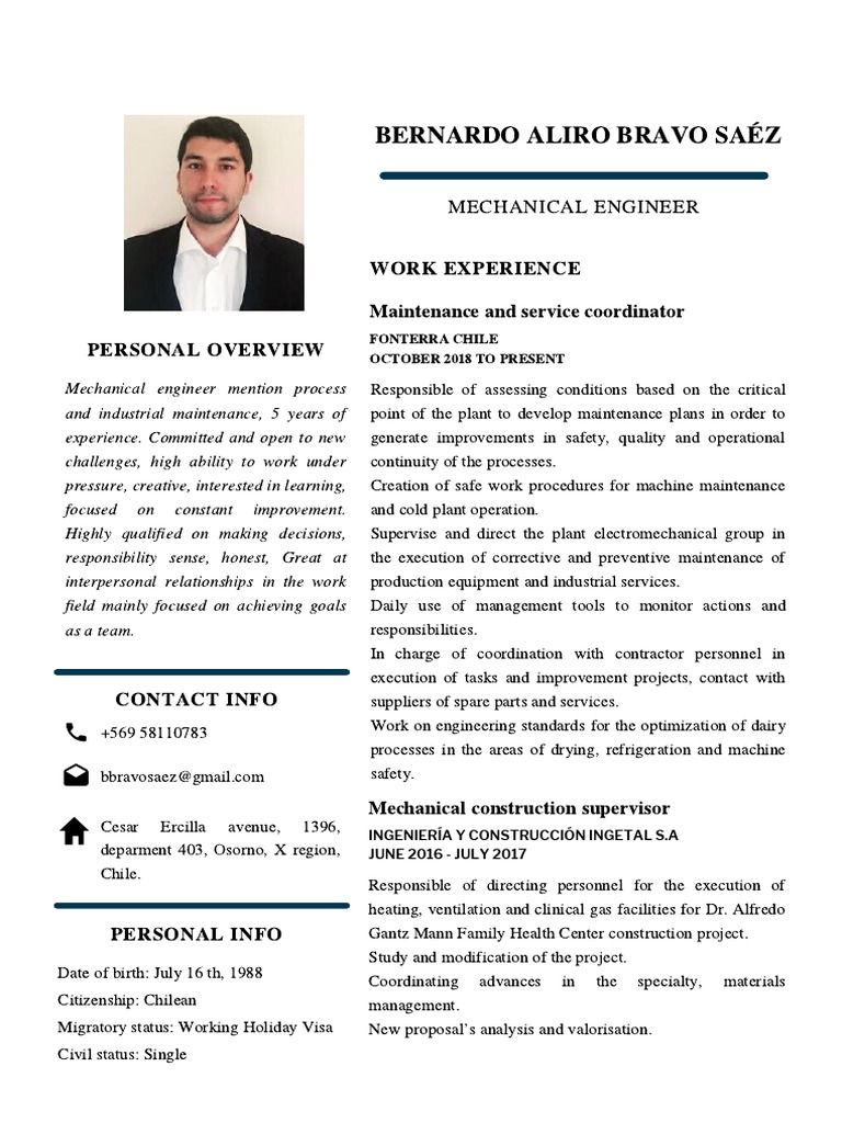 Bernardo Aliro Bravo Saéz Work Experience Maintenance and Service