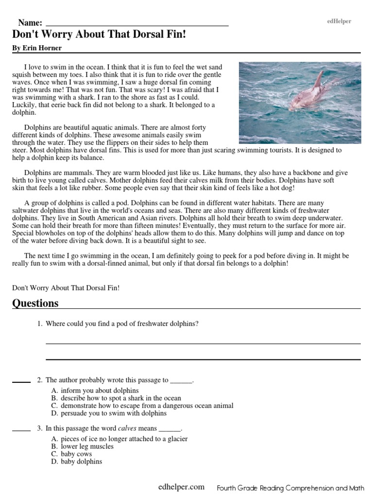 4th Grade Reading Comprehension Worksheets | PDF | Dolphin | Asparagus
