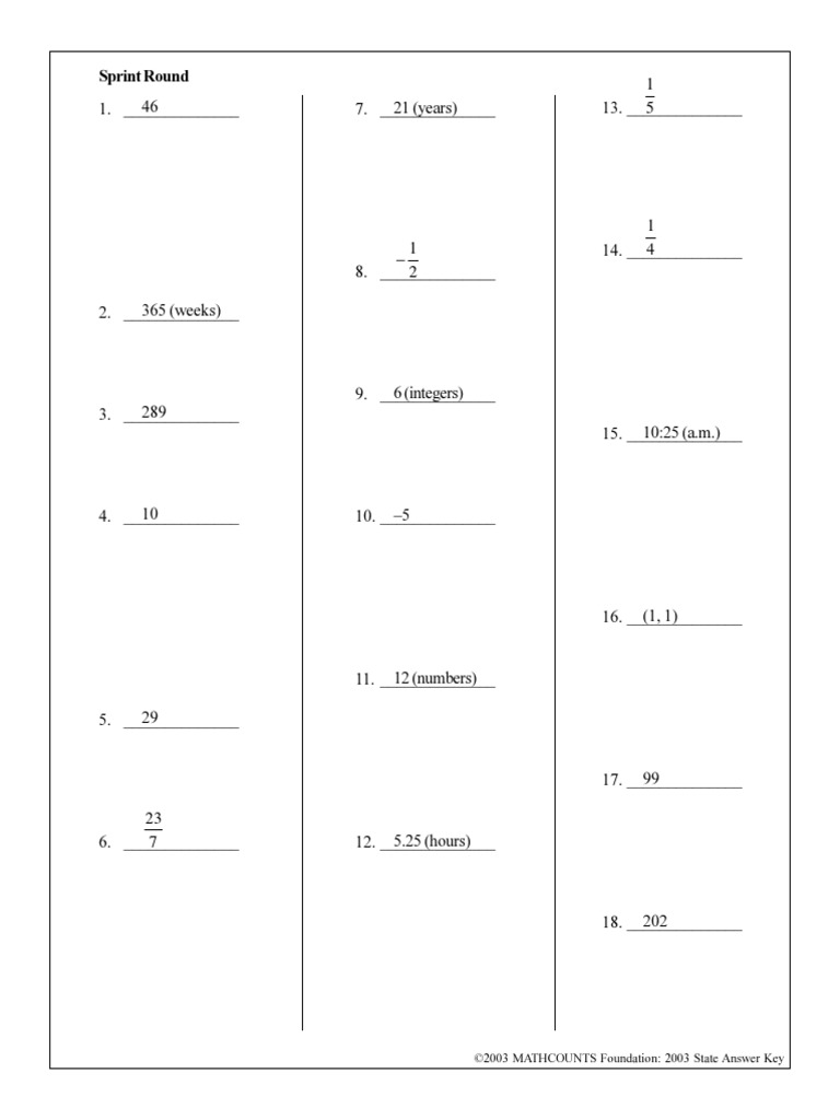 Sprint Round ©2003 MATHCOUNTS Foundation 2003 State Answer Key PDF