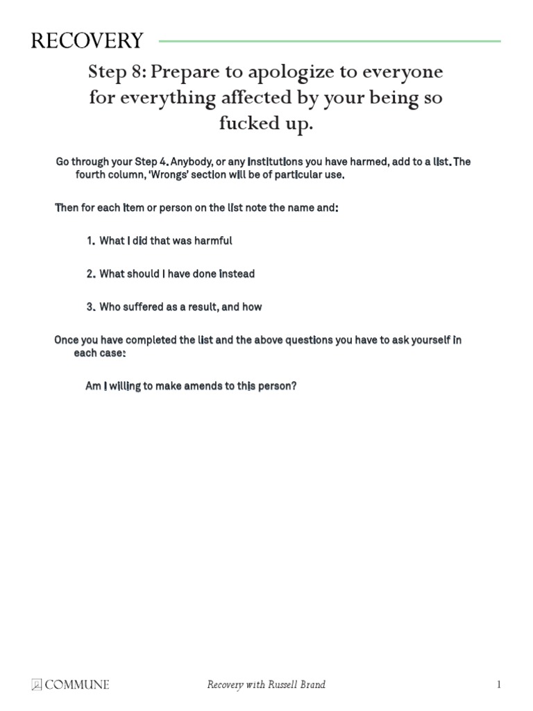 Day 8 Recovery Worksheet PDF | PDF