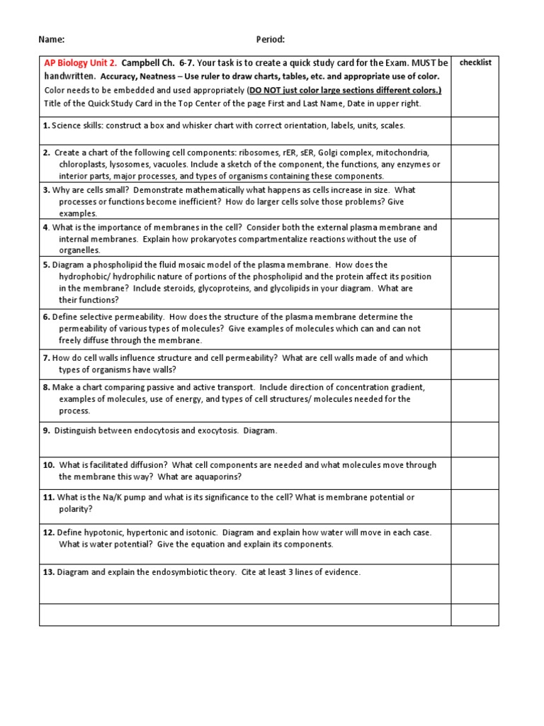 Ap Bio Unit 2 Quick Study Card | PDF | Cell Membrane | Cell (Biology)