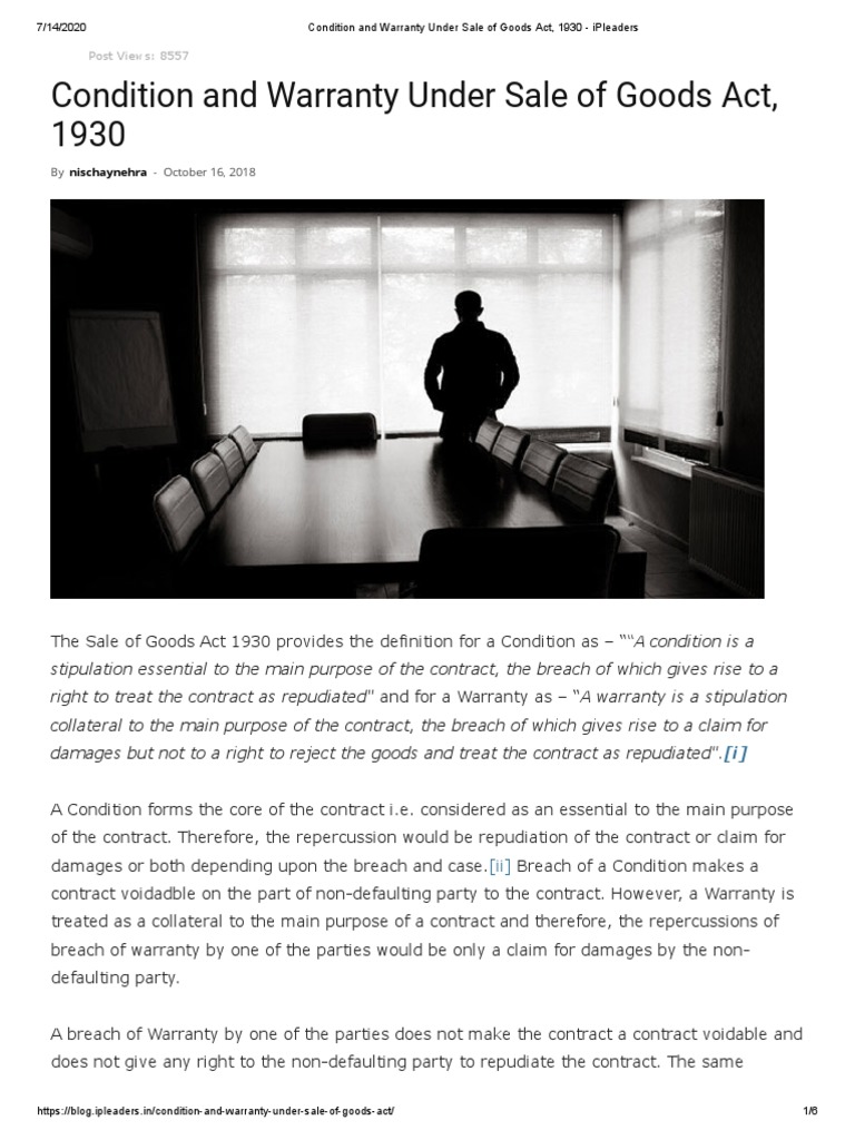 Condition and Warranty Under Sale of Goods Act, 1930 Ipleaders PDF Breach Of Contract