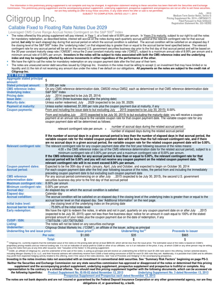 Citigroup Range Accrual Note S&P500 PDF Yield (Finance) Interest