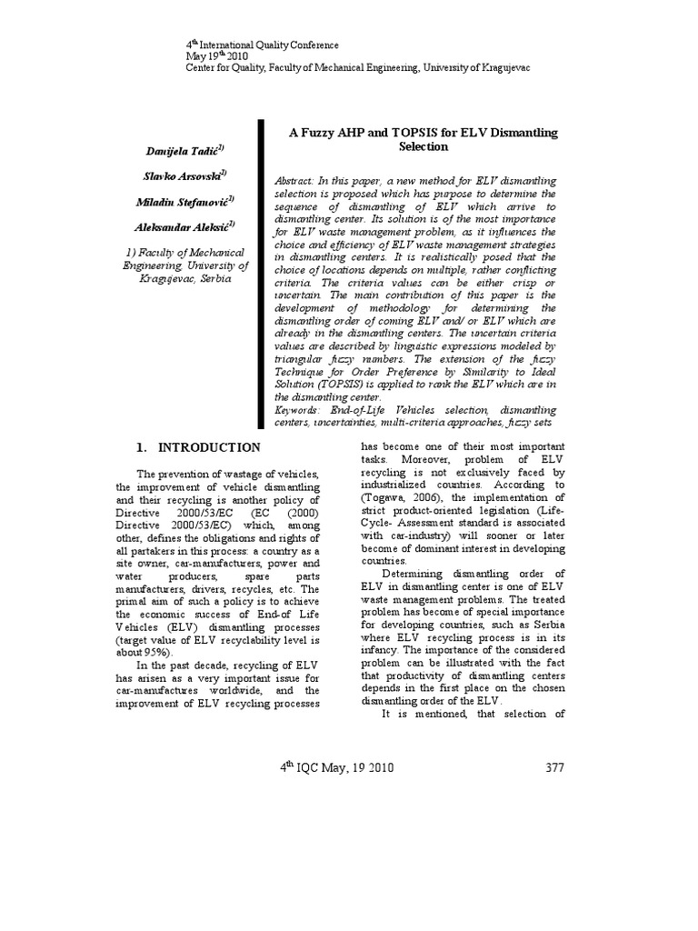 Fuzzy AHP and TOPSIS for ELV Dismantling | PDF | Fuzzy Logic | Cognition