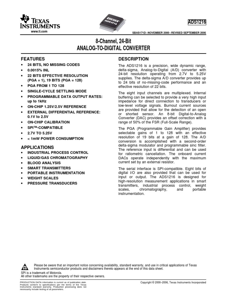 8Channel, 24Bit AnalogToDigital Converter Features Description PDF Analog To Digital