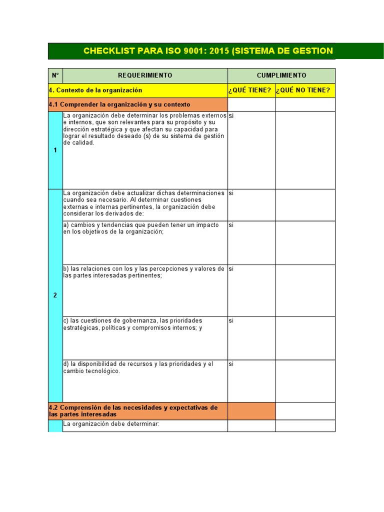 Checklist ISO 9001:2015 para Calidad | PDF | Sistema de manejo de ...
