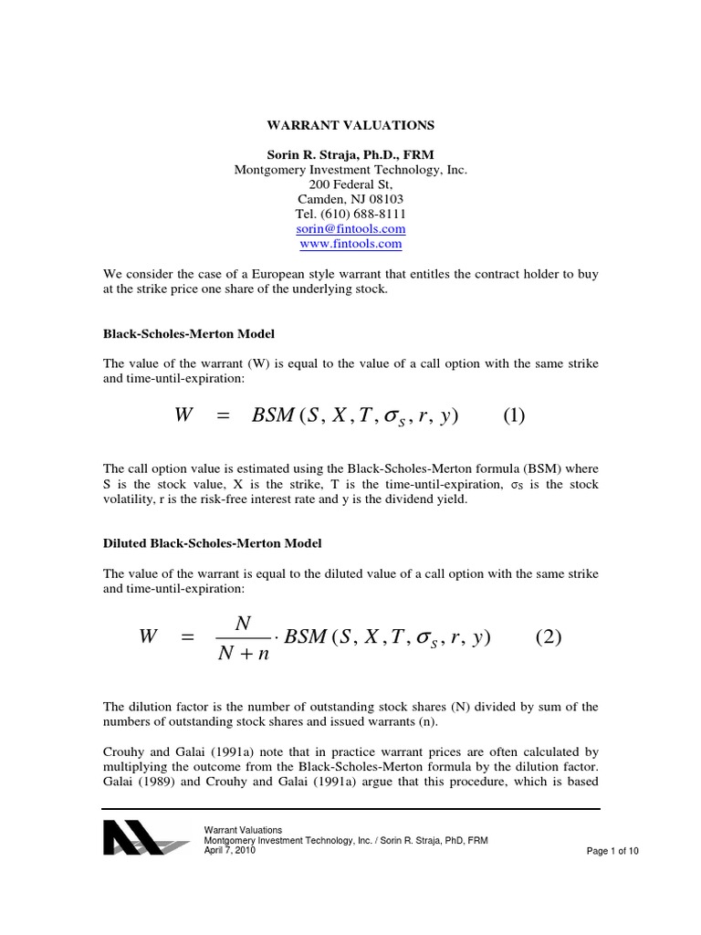 Warrant Valuation Using BSM Model | PDF | Black–Scholes Model | Option ...