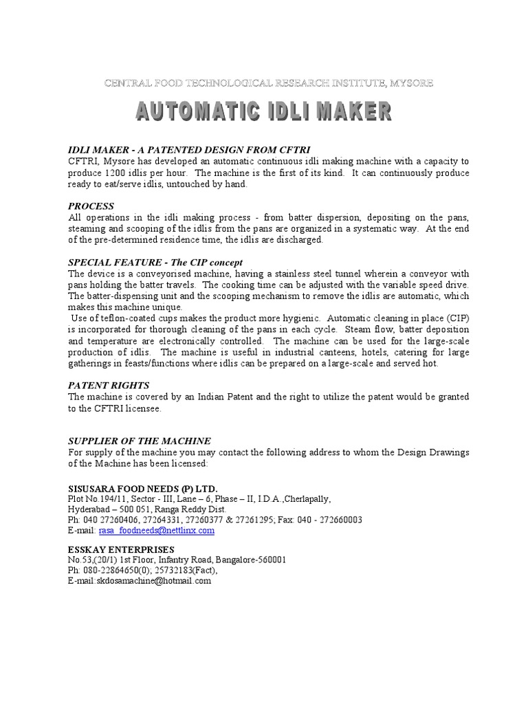 Automatic Idli Maker Machine CFTRI | PDF