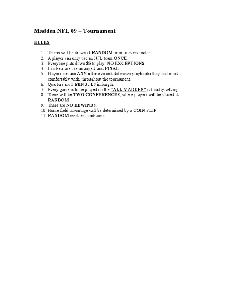 Madden NFL 09 Tournament Rules | PDF | Sports & Recreation | Cooking ...