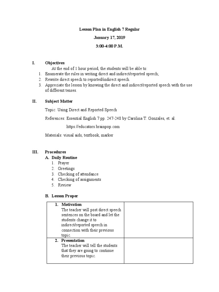 Lesson Plan in English 7 Regular January 17, 2019 3:00-4:00 P.M | PDF ...