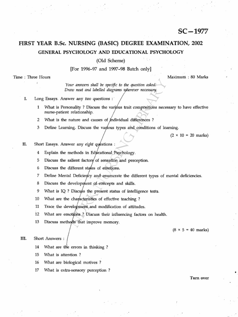 First year B.Sc. Nursing Question Paper 2002 Educational Psychology