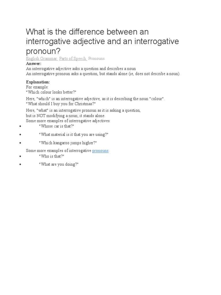 Difference Between Interrogative Adjective and Interrogative Pronoun | PDF