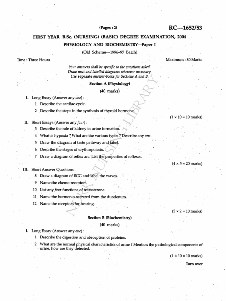 First year B.Sc. Nursing Question Paper 2004 Anatomy Kidney