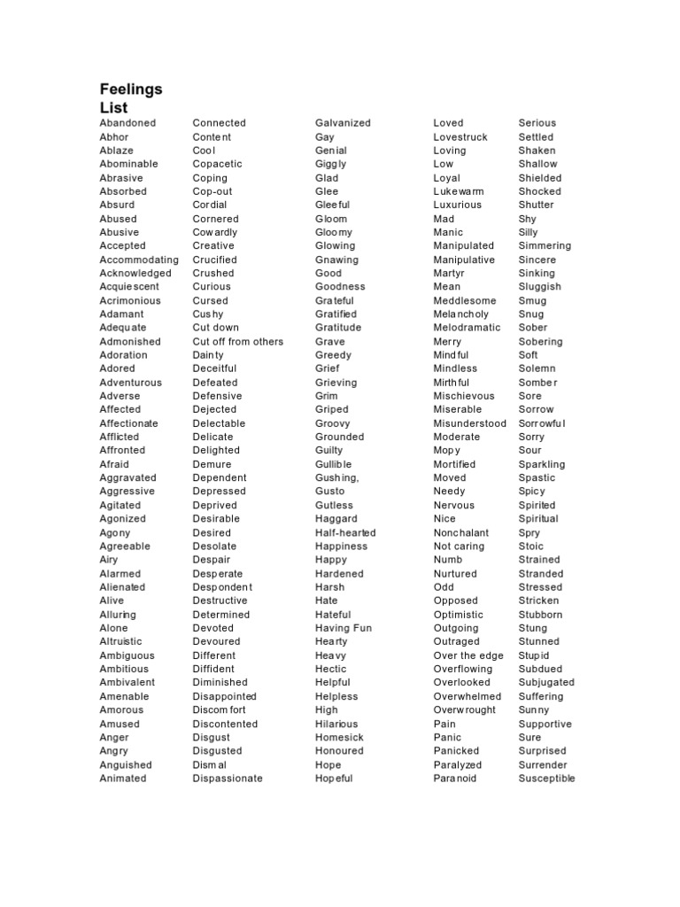 Comprehensive Feelings Vocabulary List | PDF