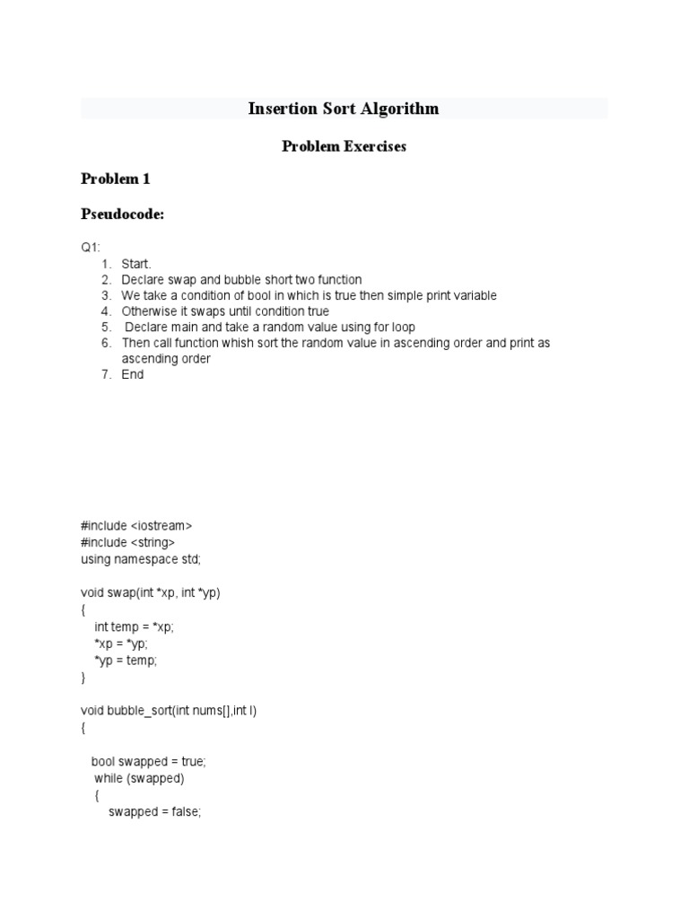 Insertion Sort Algorithm: Problem Exercises Problem 1 Pseudocode | PDF ...
