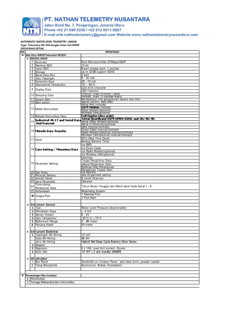 SPECIFICATION AWLR Telemetry WL-910 | PDF | Telemetry | Analog To ...