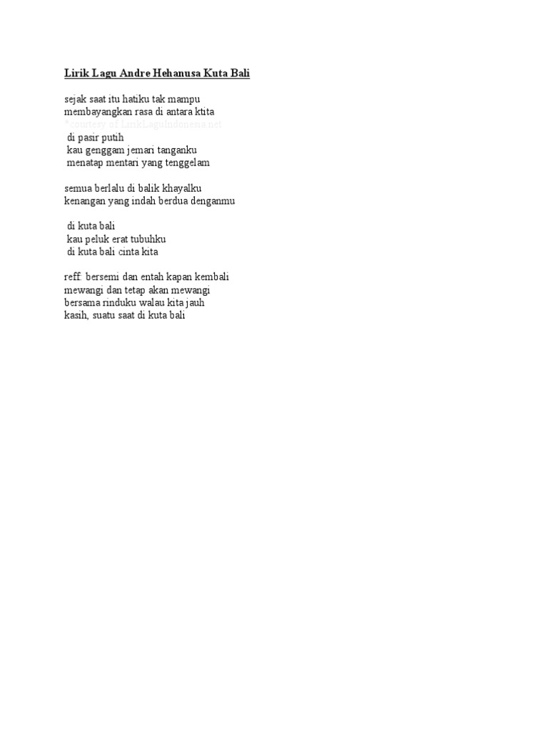 Lirik Lagu Andre Hehanusa Kuta Bali Arsia Lirik