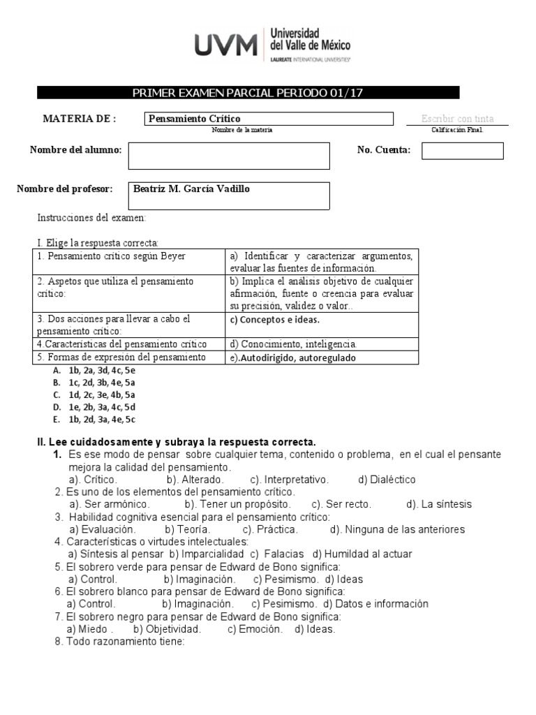 1 Ex Pensamiento Critico 17 Pdf Pensamiento Critico Prueba Evaluacion