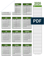 2020 Yearly Calendar With Blank Notes