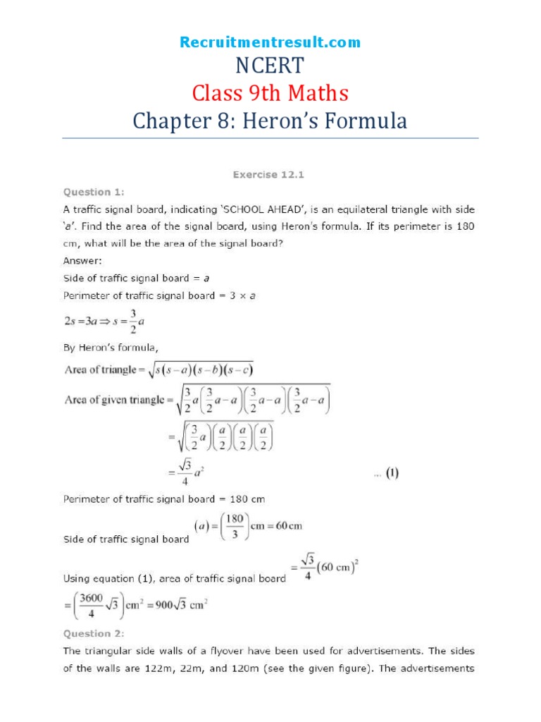 12NCERT Solution For Class 9 Maths Chapter 12 Heron's Formula 2015 08 ...