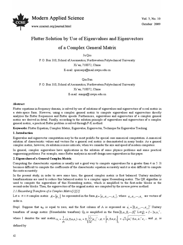 Flutter Solution by Use of Eigenvalues and Eigenvectors of A Complex ...