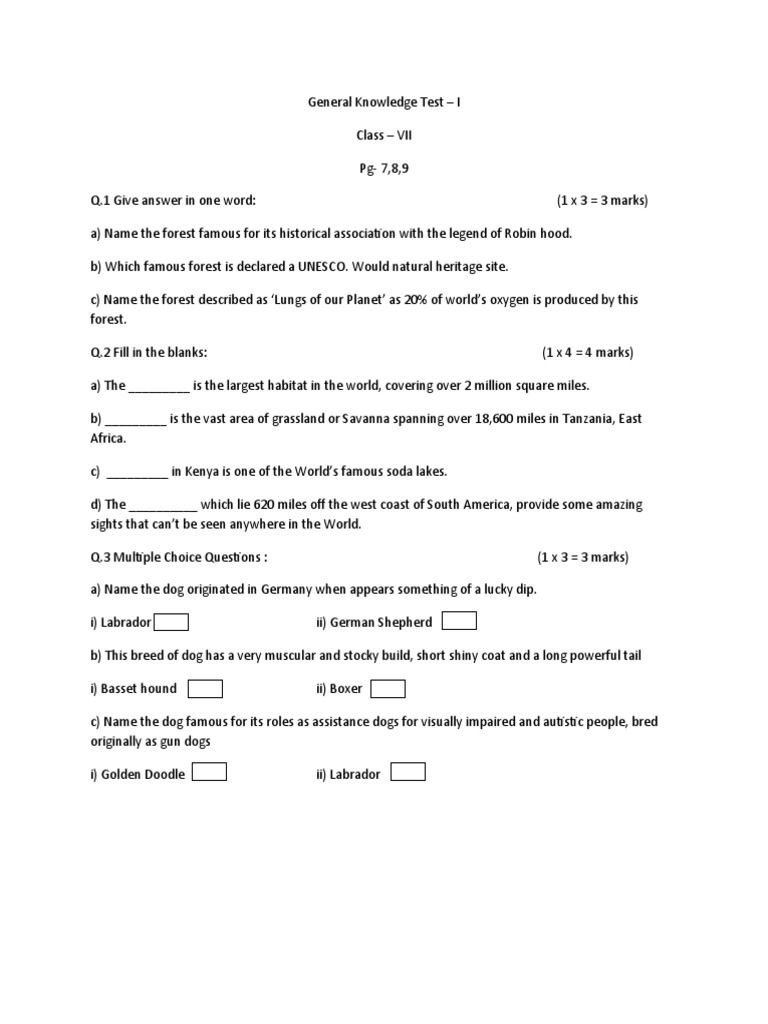 General Knowledge Test for Class VII | PDF