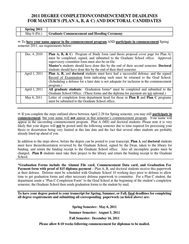 Commencement Deadlines PDF Graduate School Thesis