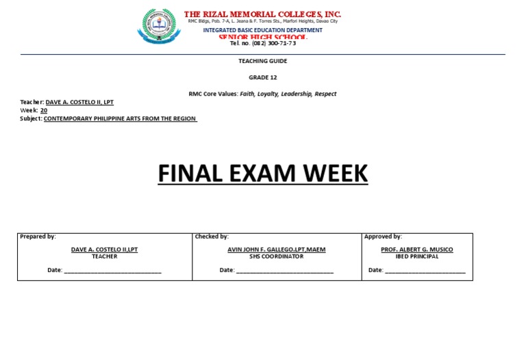 Final Exam Week: Senior High School | PDF