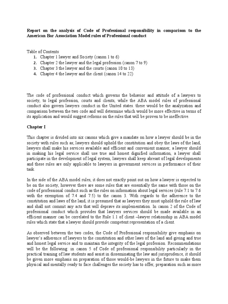 Analysis On Code of Professional Responsibility in Comparison To ABA