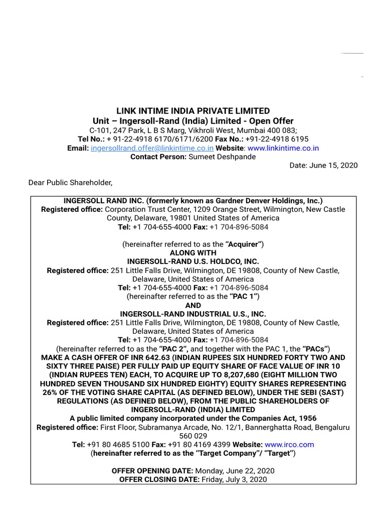 Ingersoll-Rand India Open Offer Details | PDF | Stocks | Companies