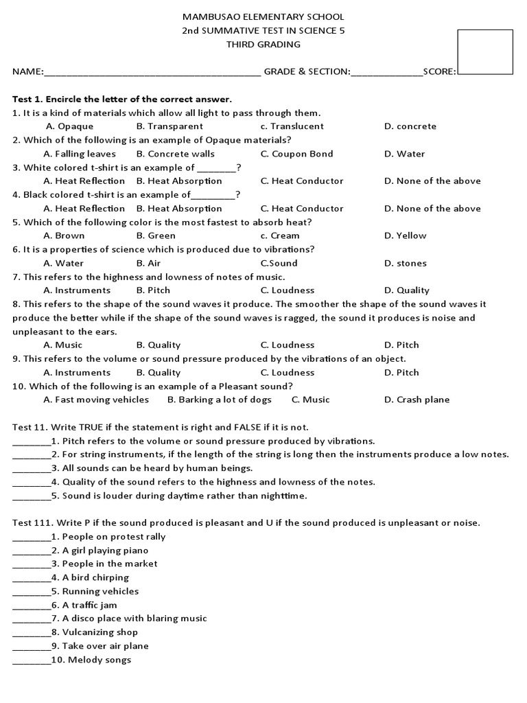 2nd Summative Test in Sci 3rd Grading | PDF | Sound | Pitch (Music)