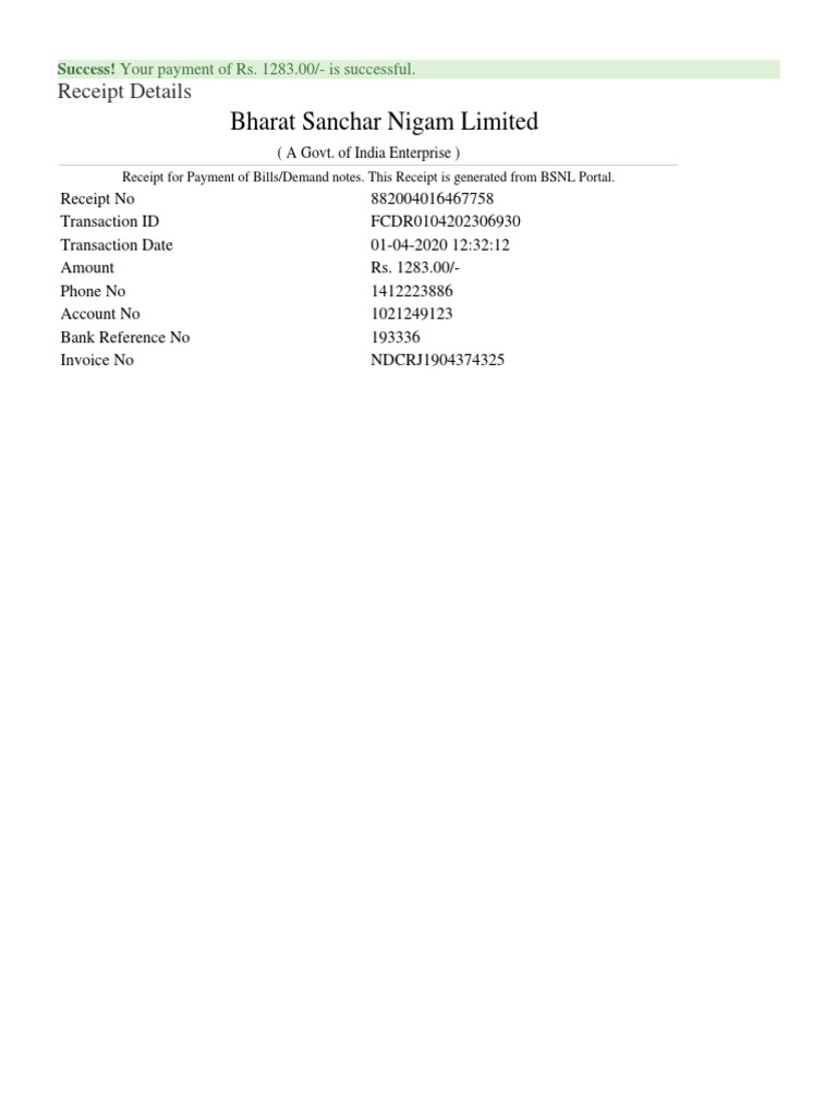 Successful Payment Receipt for Telecom Bill of Rs. 1283 with Details of ...