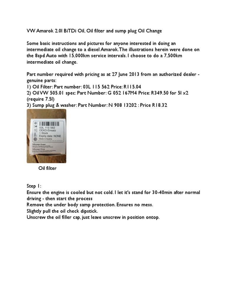 VW Amarok Oil and Filter Change PDF Machines Mechanical Engineering