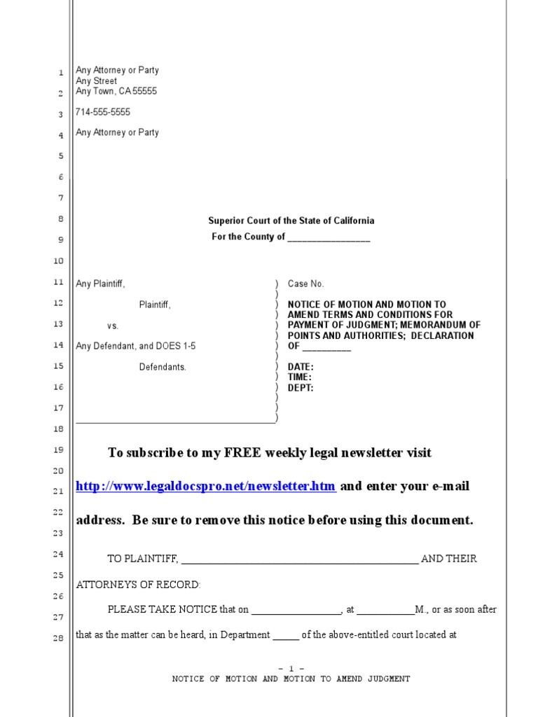 Sample Motion to Amend Judgment for California Judgment (Law) Lawsuit