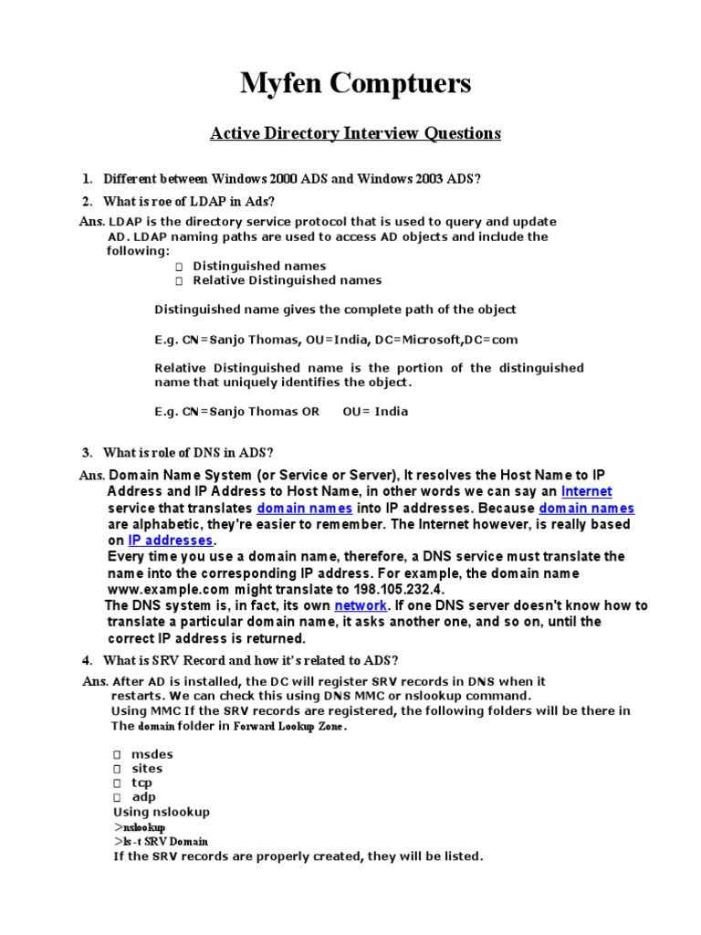 Active Directory Interview Questions Guide | PDF | Domain Name System ...
