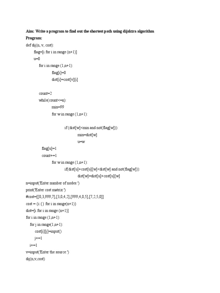 Dijkstra Algorithm Shortest Path Program | PDF