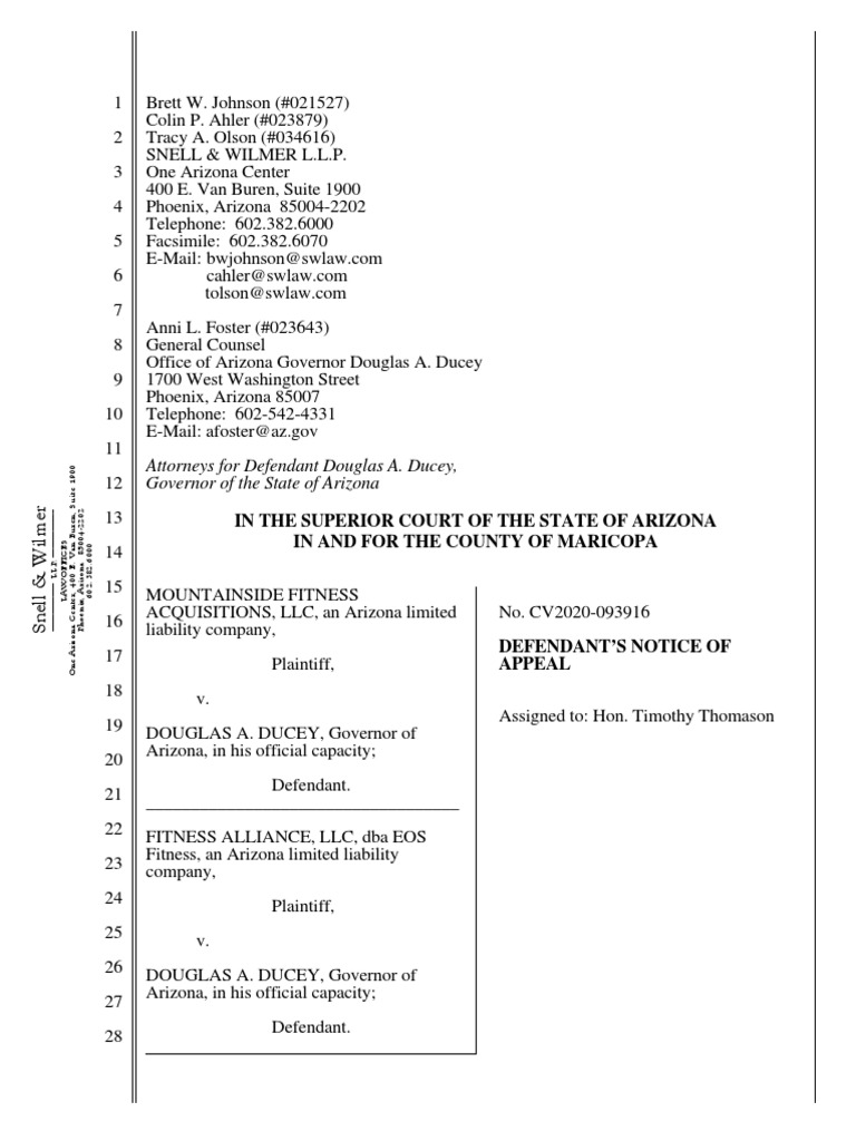 Ducey Appeals Fitness Injunction Order | PDF | Arizona | Public Law