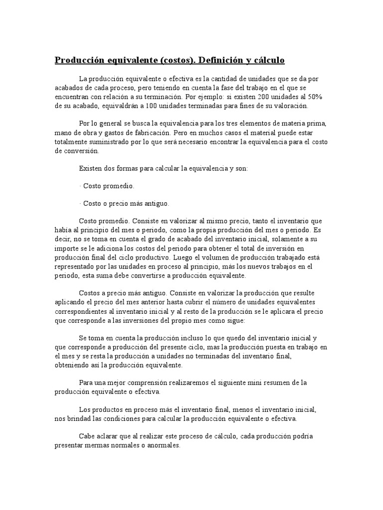 Producción Equivalente | PDF | Inventario | Costo