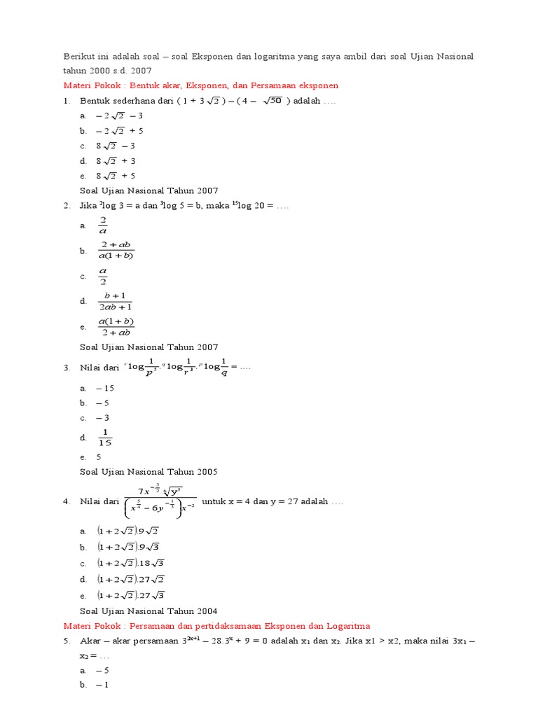 Soal Eksponen Logaritma