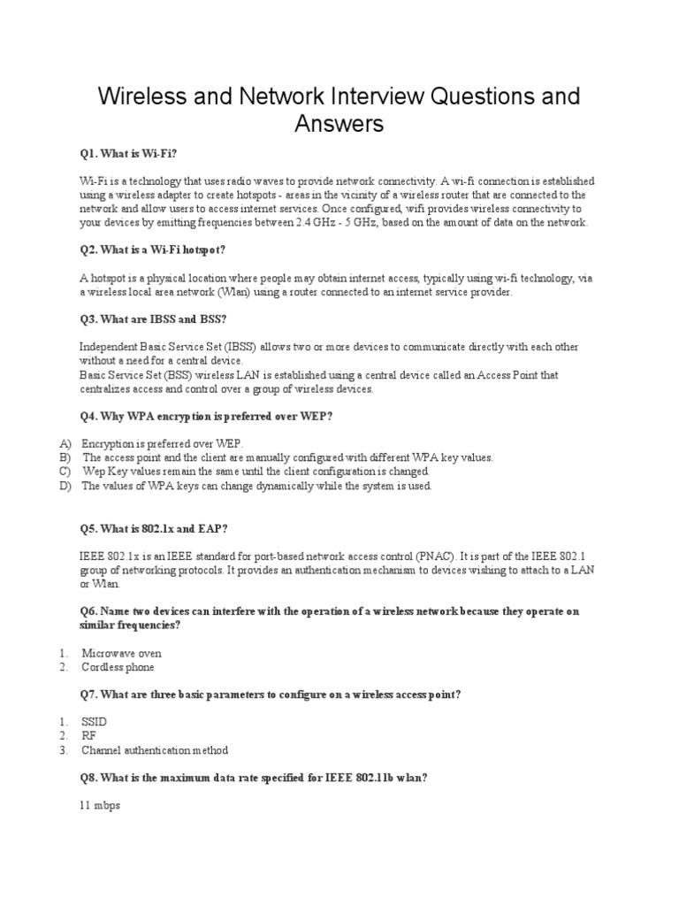 Wireless Network Interview Q&A Guide | PDF | Wireless Lan | Wi Fi